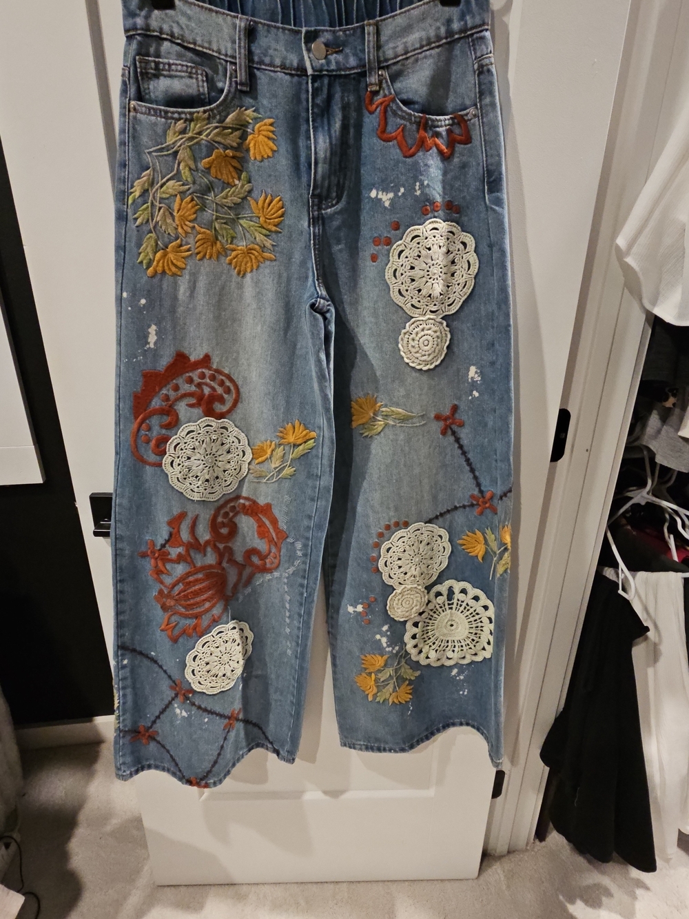 OLI & HALI Blue Embroidered Wide-Leg Jeans with Crochet Appliqué